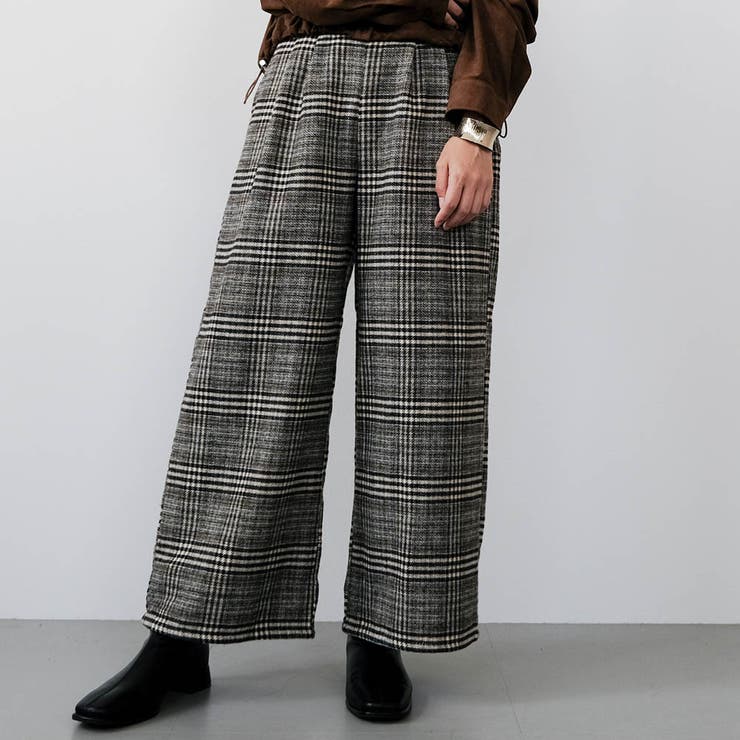 ベージュ | チェック柄ワイドパンツ 春 夏 秋 冬 M L | aquagarage
