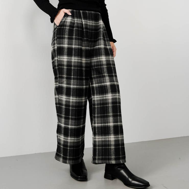 ブラック | チェック柄ワイドパンツ 春 夏 秋 冬 M L | aquagarage