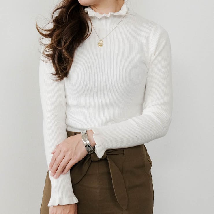オフホワイト | ネック袖口フリルニットトップス 春 秋 冬 M L レディース | aquagarage