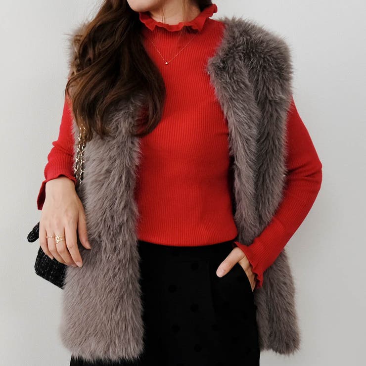 レッド | ネック袖口フリルニットトップス 春 秋 冬 M L レディース | aquagarage