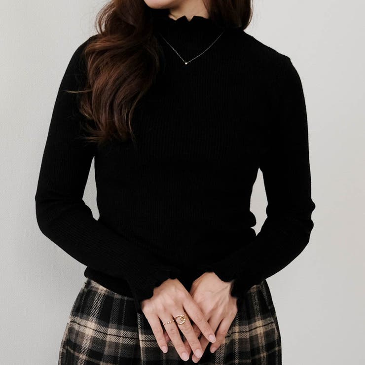 ブラック | ネック袖口フリルニットトップス 春 秋 冬 M L レディース | aquagarage