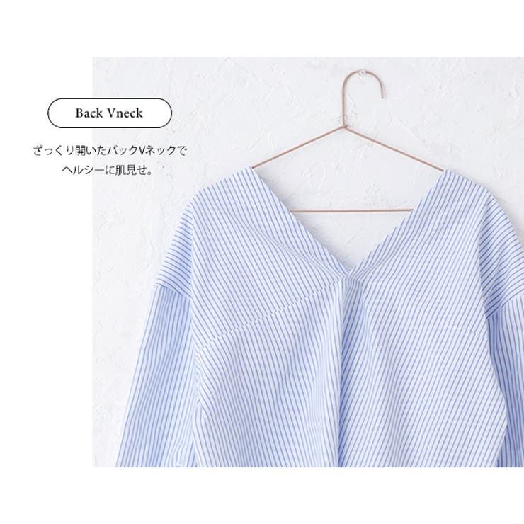 深Vネックノーカラー7分袖スキッパーシャツ レディース