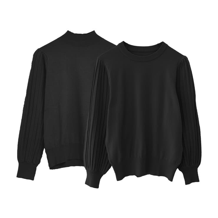 ブラック | シンプルながら表情豊かに着映える！ハイネックプリーツ袖ニットトップス | aquagarage