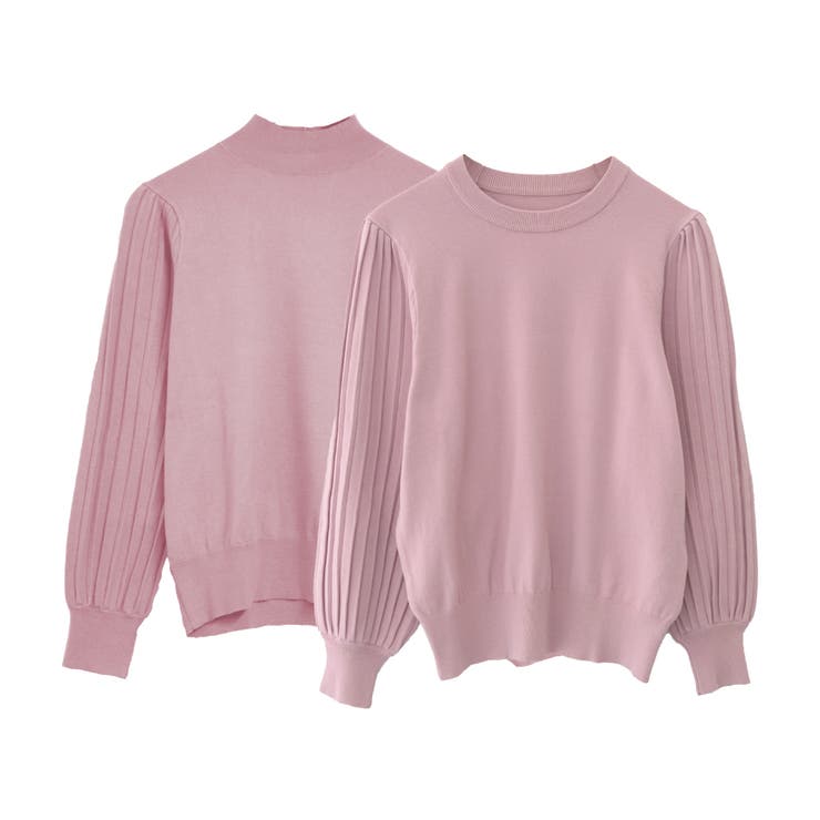 ピンク | シンプルながら表情豊かに着映える！ハイネックプリーツ袖ニットトップス | aquagarage