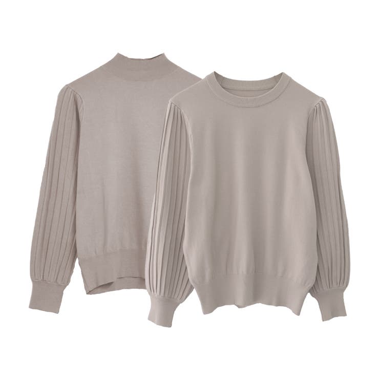 グレージュ | シンプルながら表情豊かに着映える！ハイネックプリーツ袖ニットトップス | aquagarage