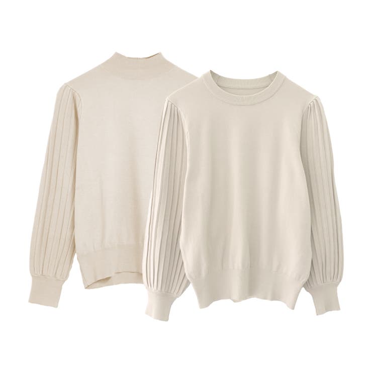 アイボリー | シンプルながら表情豊かに着映える！ハイネックプリーツ袖ニットトップス | aquagarage