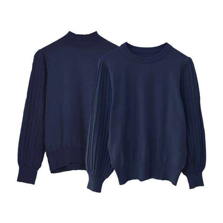 ネイビー | シンプルながら表情豊かに着映える！ハイネックプリーツ袖ニットトップス | aquagarage