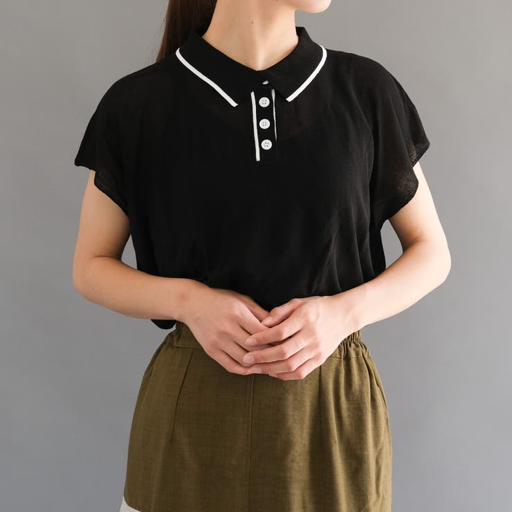 ブラック | 上品な襟付き配色ラインサマーニット | aquagarage