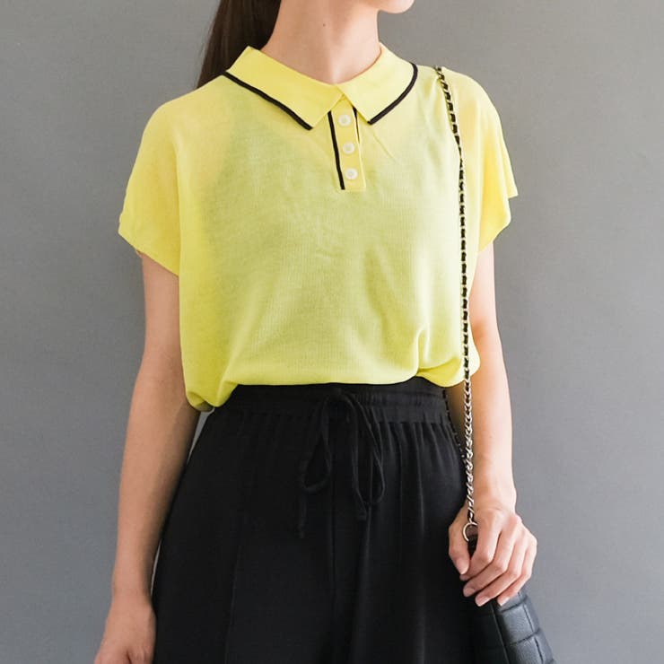 イエロー | 上品な襟付き配色ラインサマーニット | aquagarage