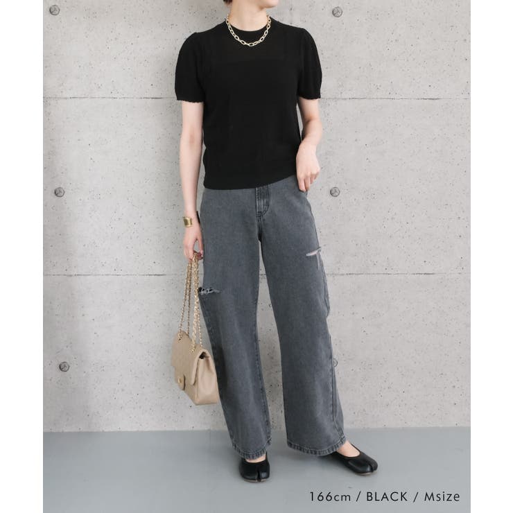 スカラップ仕上げの袖口が女性らしい柄編みサマーニットトップス | aquagarage | 詳細画像10 