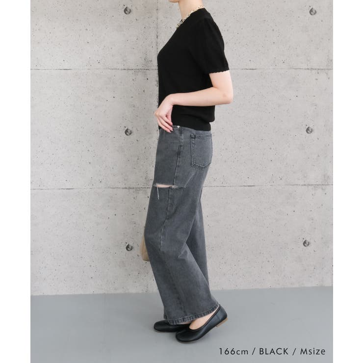 スカラップ仕上げの袖口が女性らしい柄編みサマーニットトップス | aquagarage | 詳細画像11 