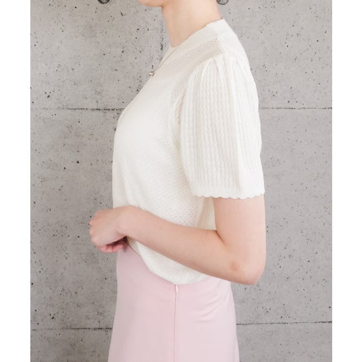 スカラップ仕上げの袖口が女性らしい柄編みサマーニットトップス | aquagarage | 詳細画像12 