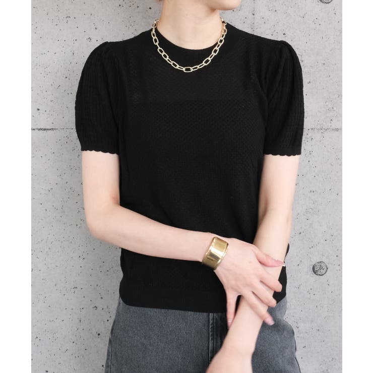 スカラップ仕上げの袖口が女性らしい柄編みサマーニットトップス | aquagarage | 詳細画像8 