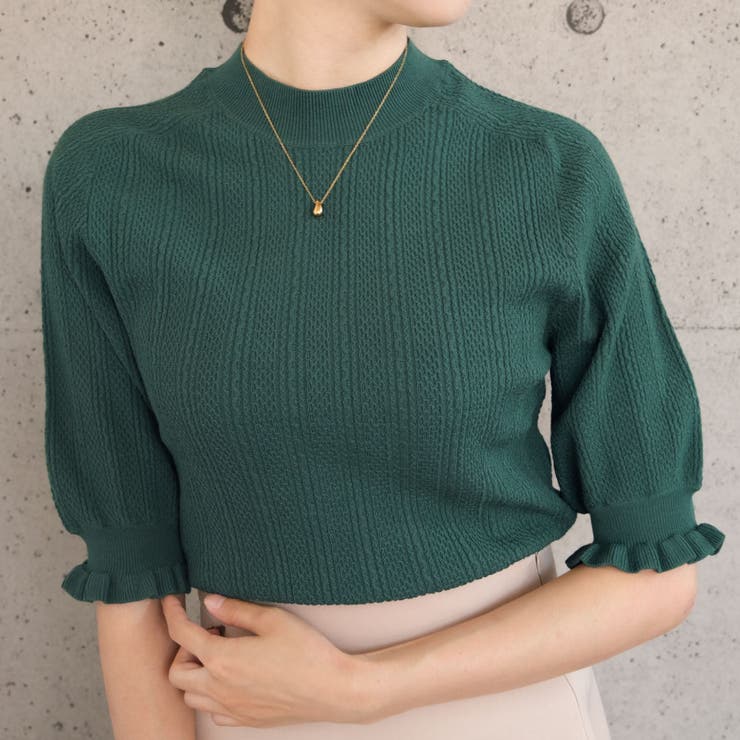 グリーン | 変わり編み五分袖ニット レディース 春 夏 秋 M L 半袖 5分袖 | aquagarage