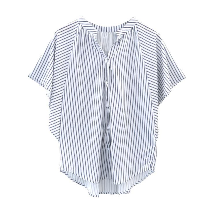 ブルー:ストライプ | なめらかでやさしい肌ざわりが魅力！さらっと涼しいワイドスリーブブラウス | aquagarage