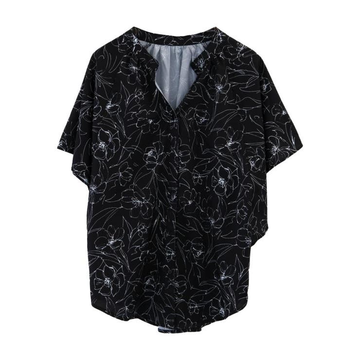 ブラック:フラワー | なめらかでやさしい肌ざわりが魅力！さらっと涼しいワイドスリーブブラウス | aquagarage