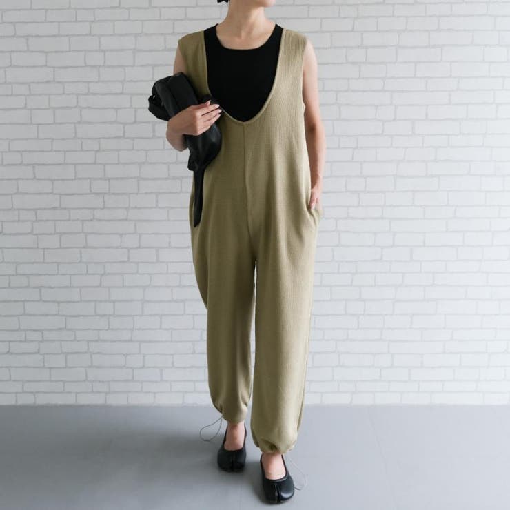 ライトカーキ | V×Uネックの前後2wayサロペット | aquagarage