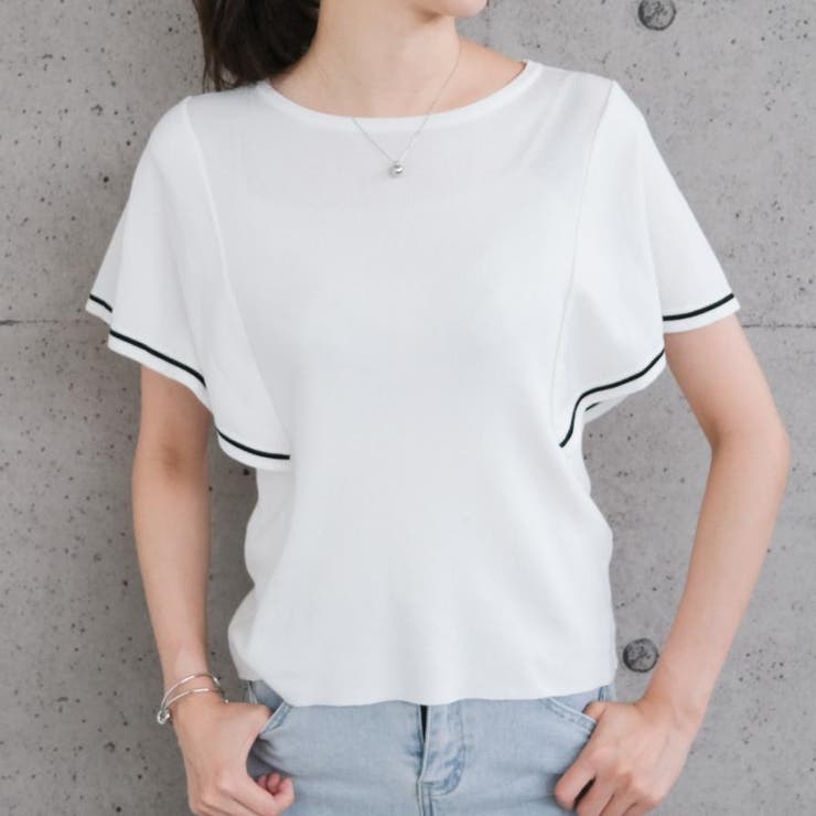 オフホワイト | 配色ラインフレアスリーブサマーニット | aquagarage