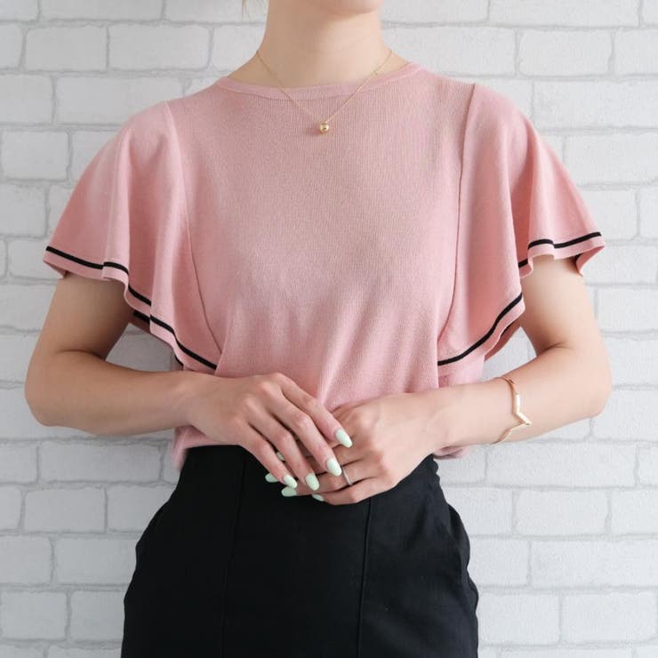 ピンクベージュ | 配色ラインフレアスリーブサマーニット | aquagarage