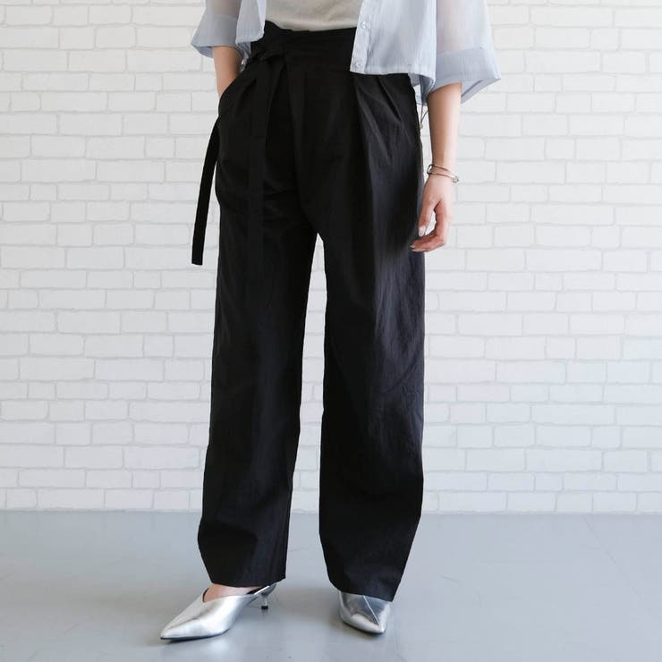 ブラック | ウエストリボンアシンメトリータックパンツレディース 春 夏 秋 M L | aquagarage