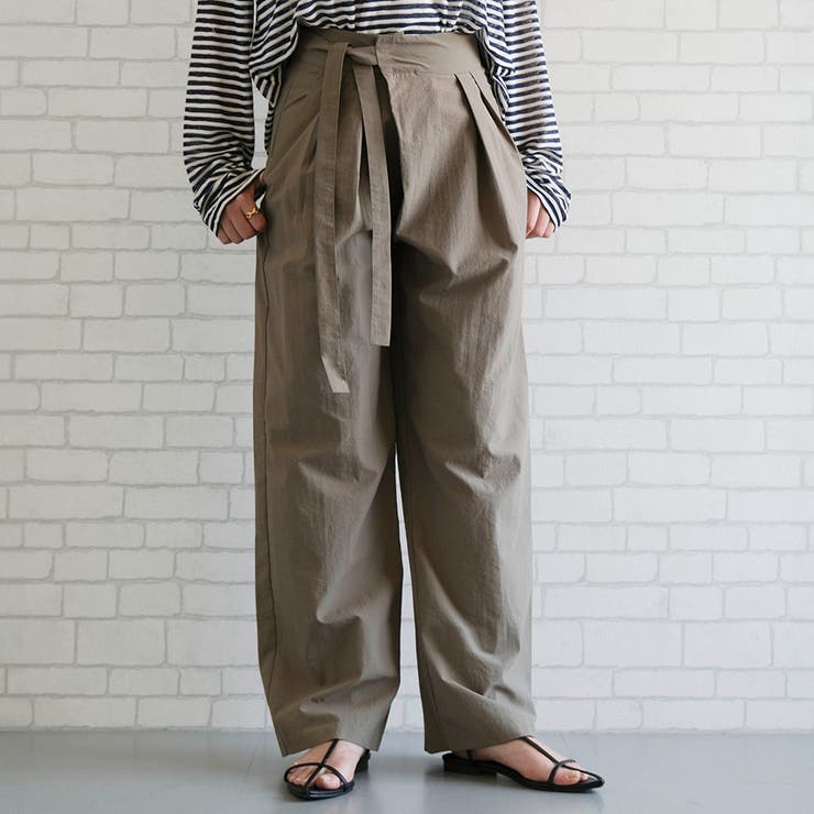 カーキ | ウエストリボンアシンメトリータックパンツレディース 春 夏 秋 M L | aquagarage