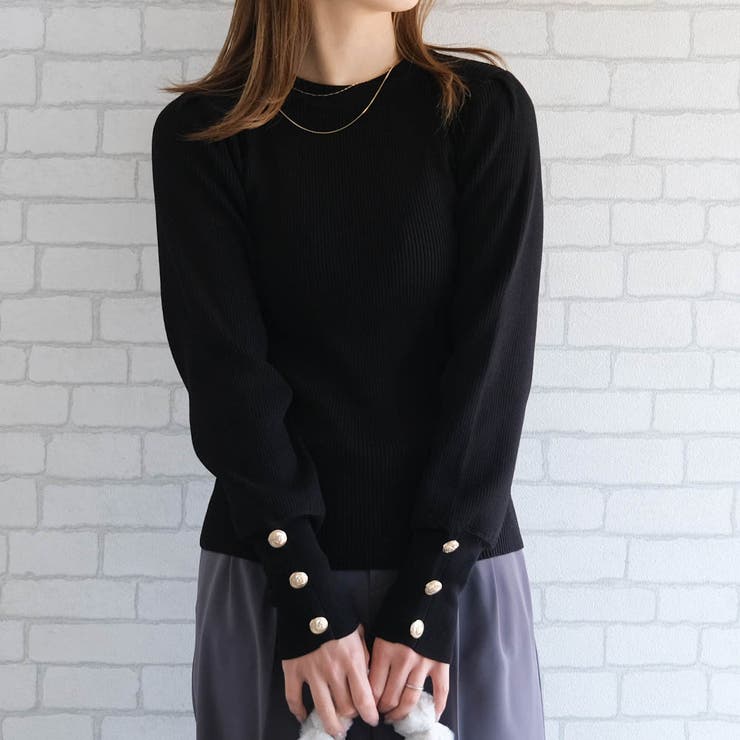 ブラック | パワショル袖ボタンニット 春 秋 冬 M L レディース | aquagarage