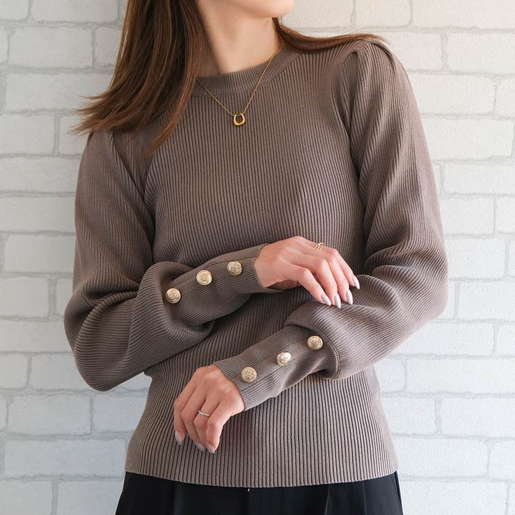 グレージュ | パワショル袖ボタンニット 春 秋 冬 M L レディース | aquagarage