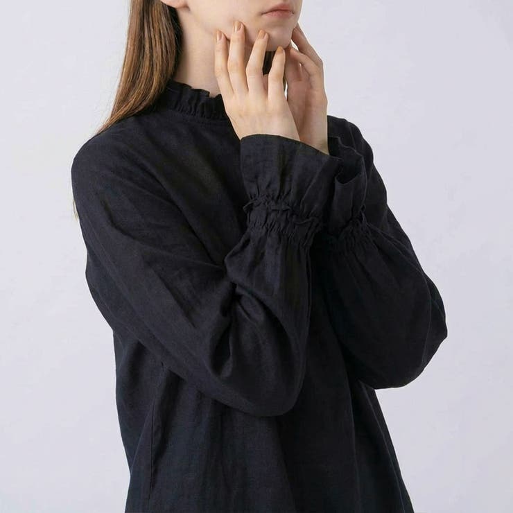 ブラック | クリンクルフリルブラウス 春 秋 冬 レディース | aquagarage