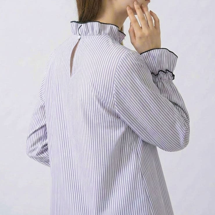 ストライプグレー | クリンクルフリルブラウス 春 秋 冬 レディース | aquagarage