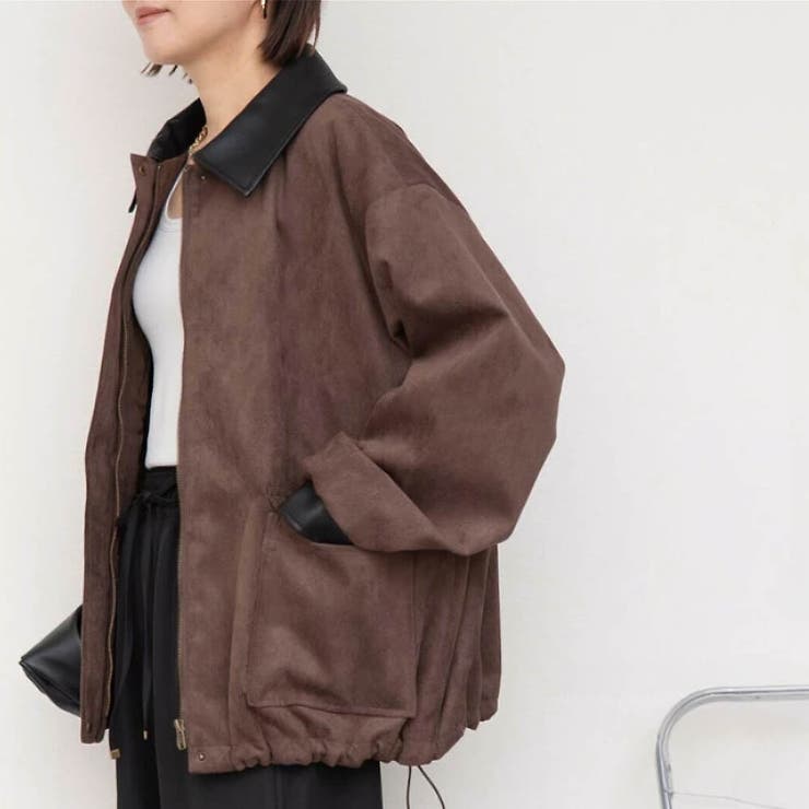 ブラウン | 襟配色フェイクスエードジャケット 秋 冬 M | aquagarage