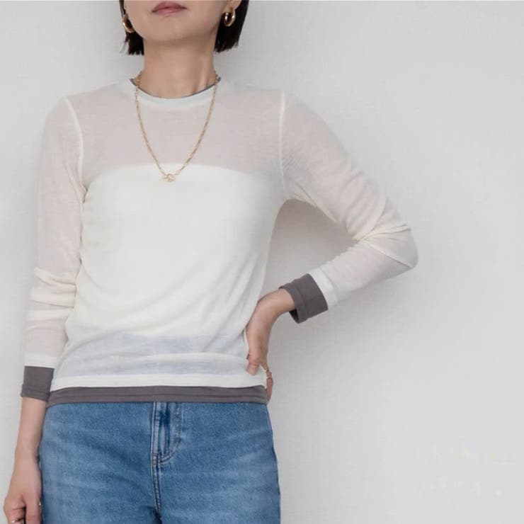 アイボリー | 配色レイヤード風シアートップス 春 秋 冬 M レディース | aquagarage