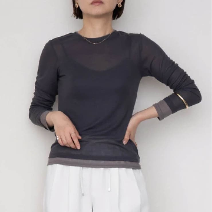 ダークチャコール | 配色レイヤード風シアートップス 春 秋 冬 M レディース | aquagarage