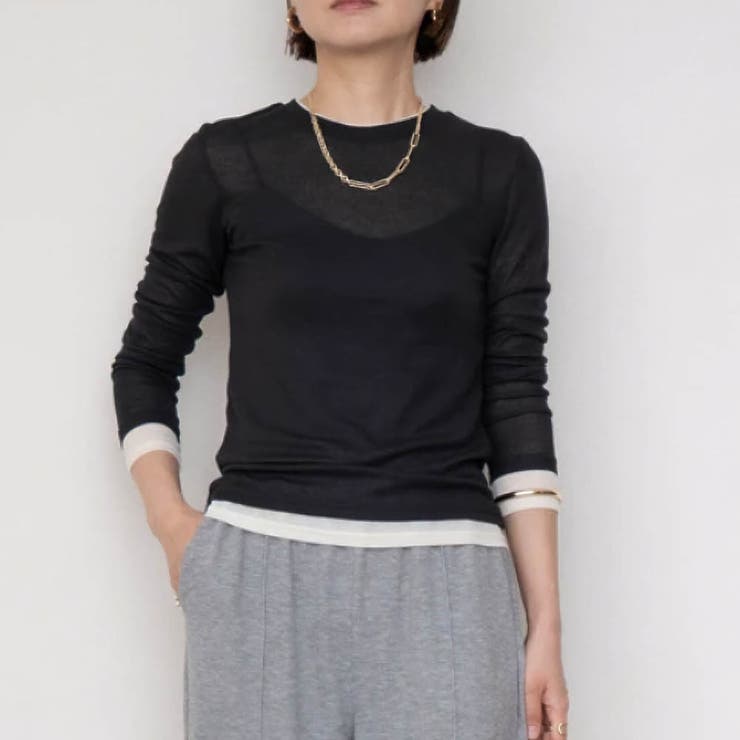 ブラック | 配色レイヤード風シアートップス 春 秋 冬 M レディース | aquagarage