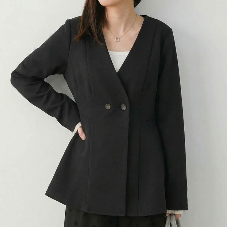 ブラック | ノーカラーウエストシェイプペプラムジャケット 春 秋 M | aquagarage