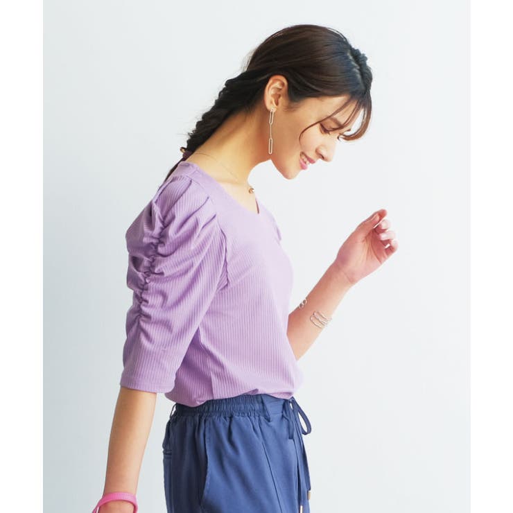 パープル | 袖のシャーリングが目を引く！テレコリブパワショルトップス | aquagarage
