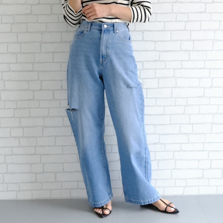 サックス | トレンドを着こなせるダメージストレートデニムパンツ | aquagarage