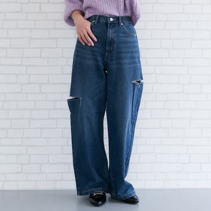 ブルー | トレンドを着こなせるダメージストレートデニムパンツ | aquagarage