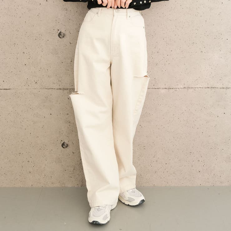 アイボリー | トレンドを着こなせるダメージストレートデニムパンツ | aquagarage