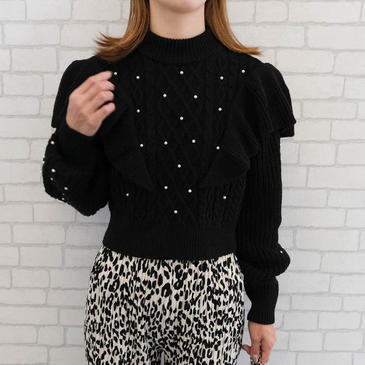 ブラック | ケーブルフリルパールニット | aquagarage