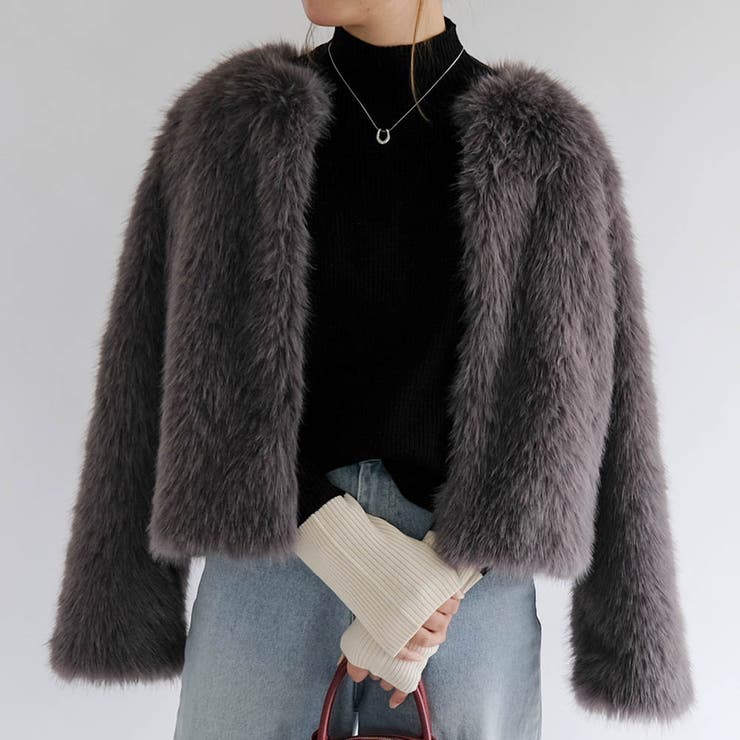 チャコール | ノーカラーファージャケット 秋 冬 M | aquagarage