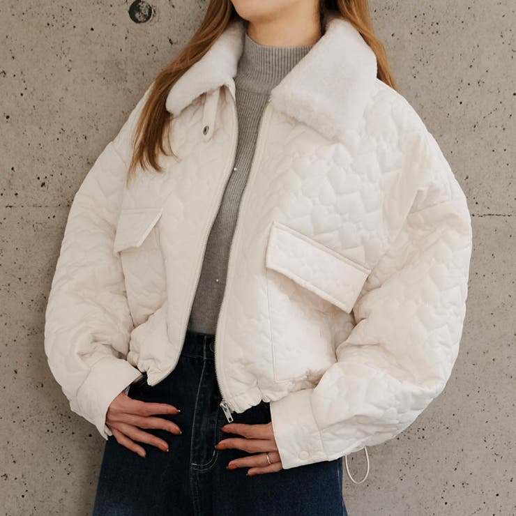 アイボリー | ハートキルトファーカラーショートブルゾン  秋 冬 M | aquagarage