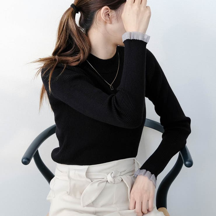 ブラック | 袖先シアーハイゲージニットトップス  春  秋  冬 M レディース | aquagarage