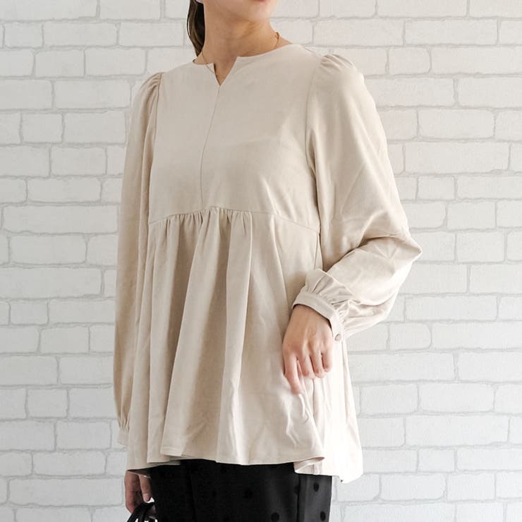 ライトベージュ | スエードキーネックペプラムトップス  レディース 春 秋 冬 M | aquagarage