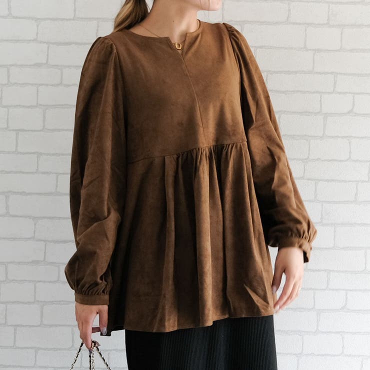 ブラウン | スエードキーネックペプラムトップス  レディース 春 秋 冬 M | aquagarage