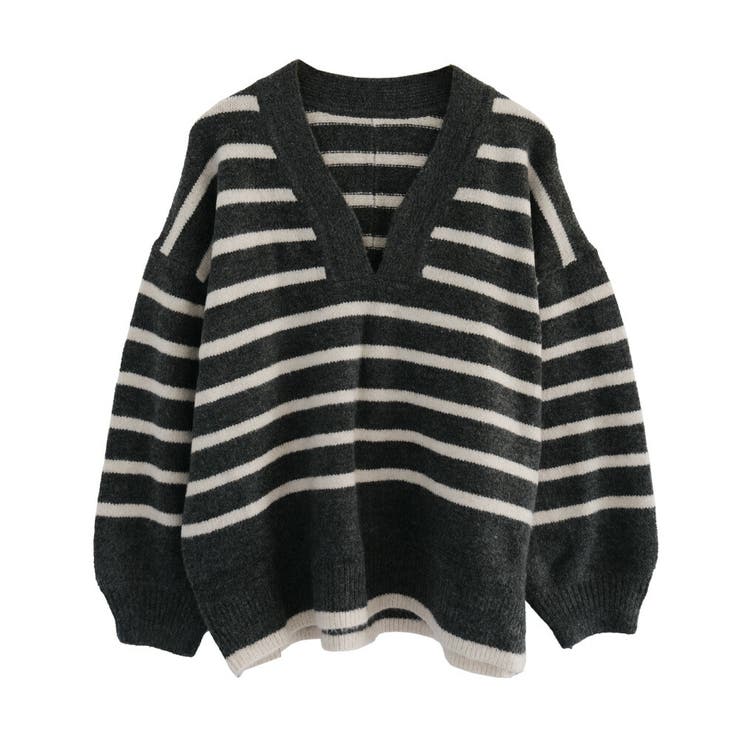 無地：オートミール | ゆるっとシルエットでこなれた印象の深Vネックニットトップス | aquagarage