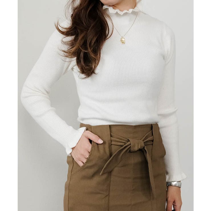 ネック袖口フリルニットトップス 春 秋 冬 M L レディース | aquagarage | 詳細画像4 