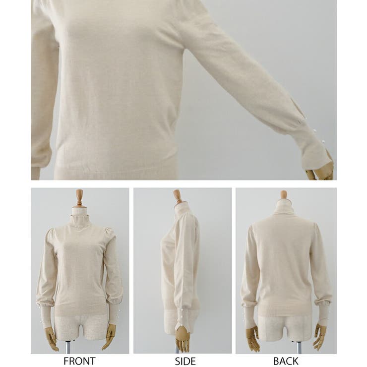 袖口にあしらわれたパールの飾りボタンがオシャレ♪プチハイネックニットトップス | aquagarage | 詳細画像10 