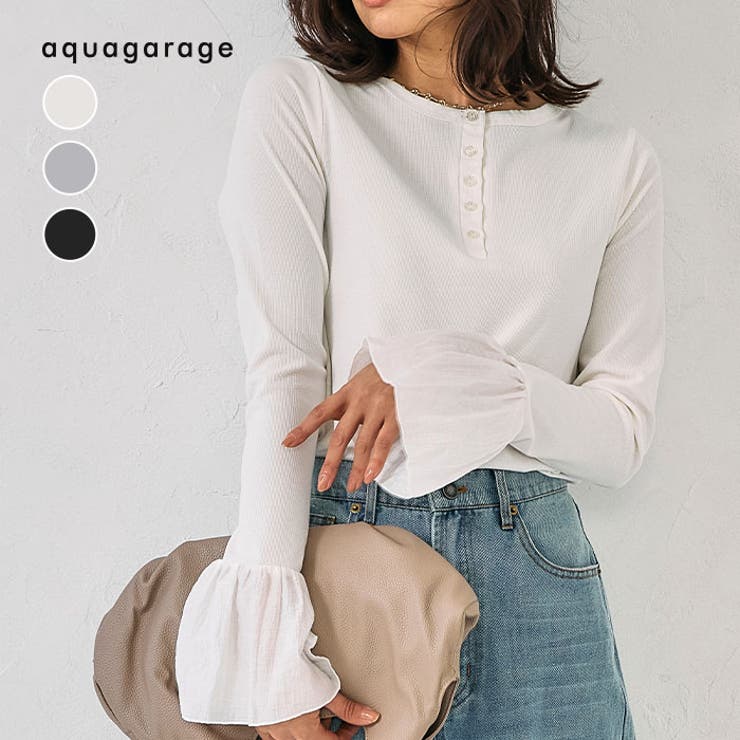 フライスリブ袖口フリルヘンリーネックトップス 春 秋 冬 M レディース | aquagarage | 詳細画像1 