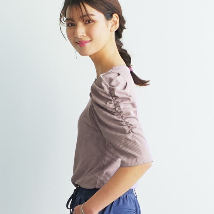 袖のシャーリングが目を引く！テレコリブパワショルトップス | aquagarage | 詳細画像2 