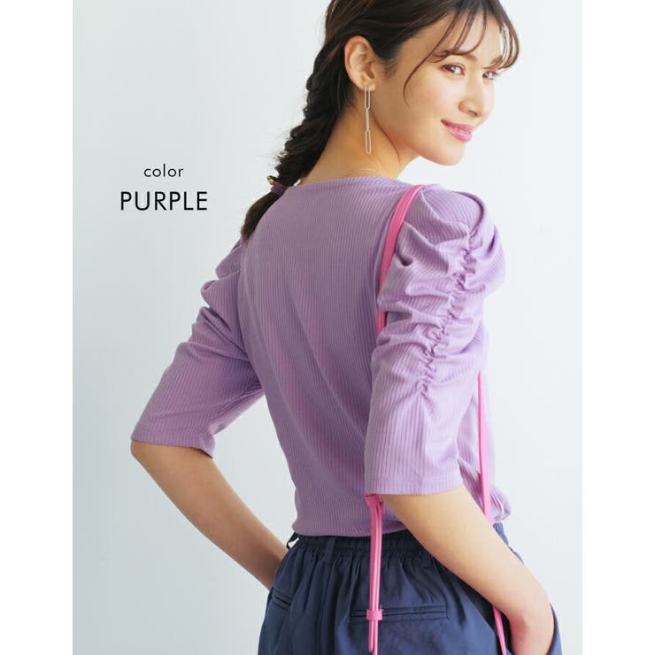 袖のシャーリングが目を引く！テレコリブパワショルトップス | aquagarage | 詳細画像12 